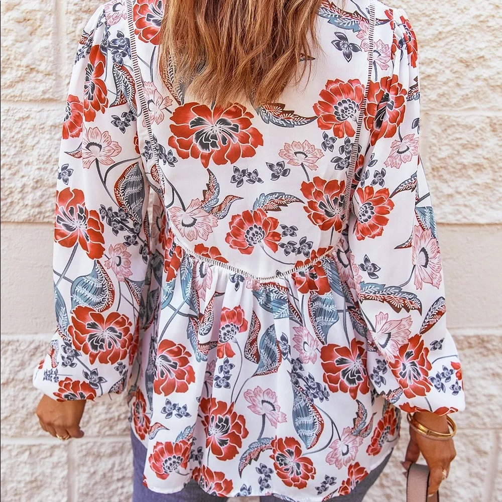 Floral Notched Balloon Sleeve Babydoll Top - Picture 3 of 3